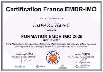 Diplôme de Hervé DUPARC, EMDR - IMO dans le 94